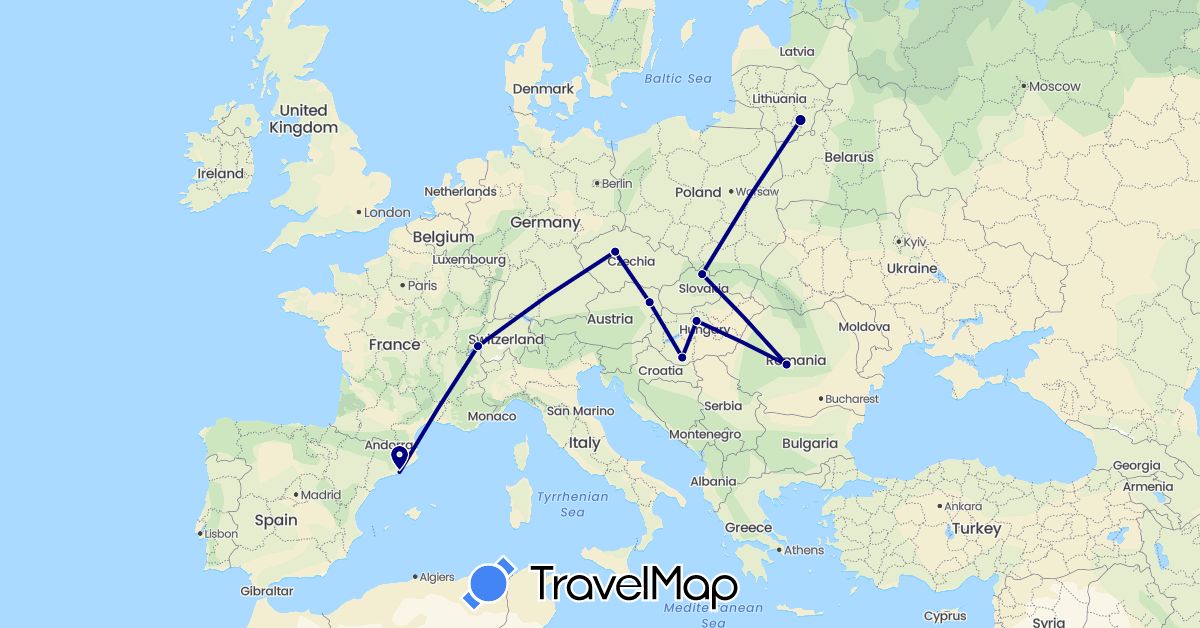 TravelMap itinerary: driving in Austria, Switzerland, Czech Republic, Spain, Hungary, Lithuania, Romania, Slovakia (Europe)